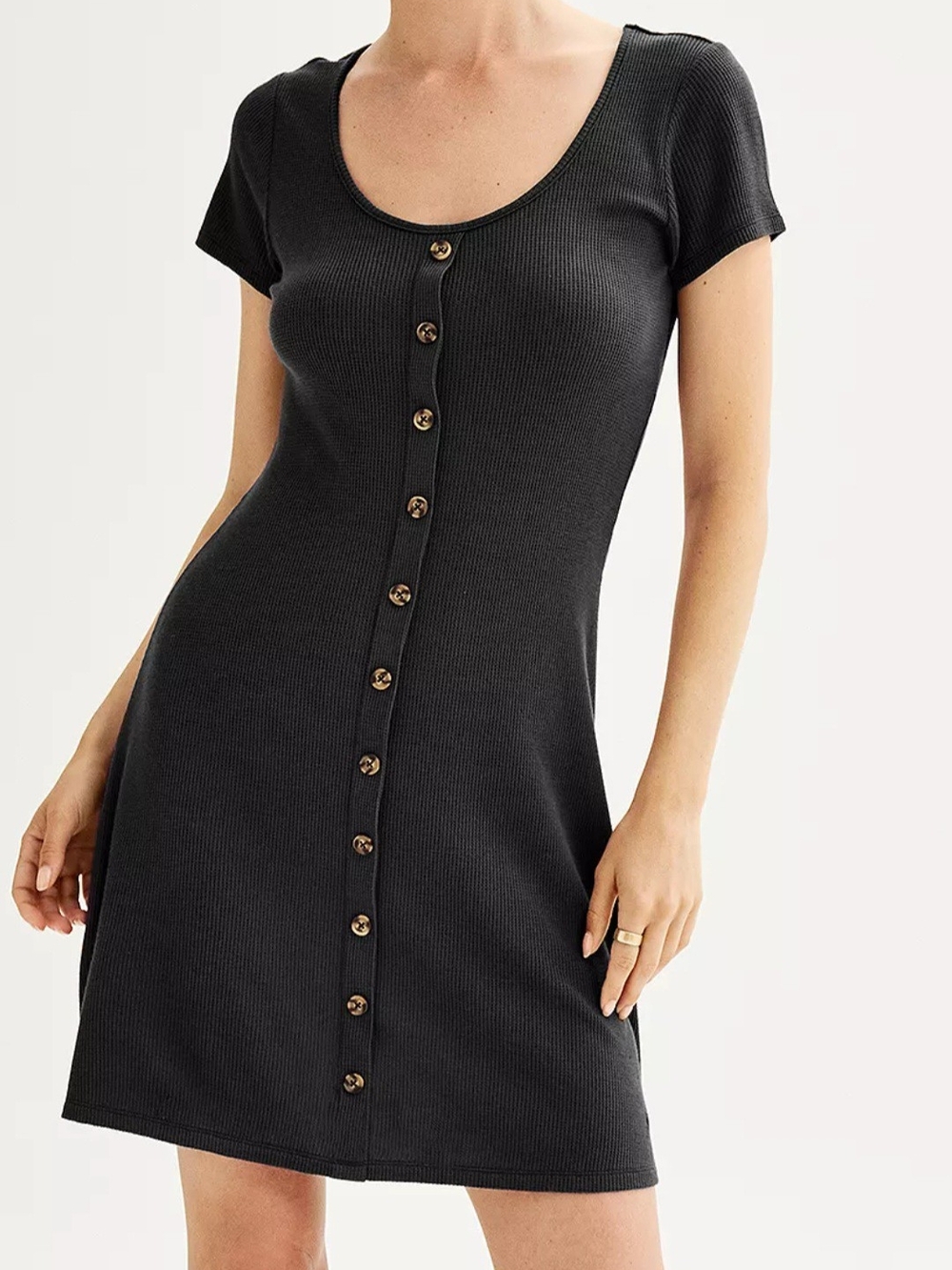 SO Black Button-Front Scoop Mini Dress